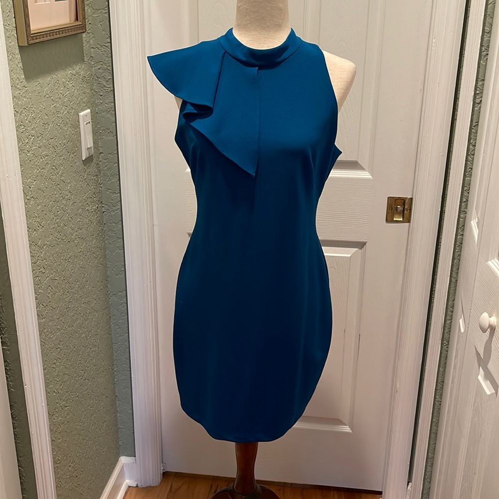 Aidan Mattox Asymmetrical Teal Blue Midi Dress